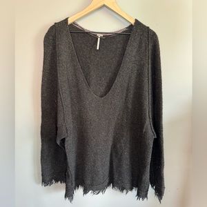 Free People Dark Charcoal Gray V-Neck Frayed Hem Sweater